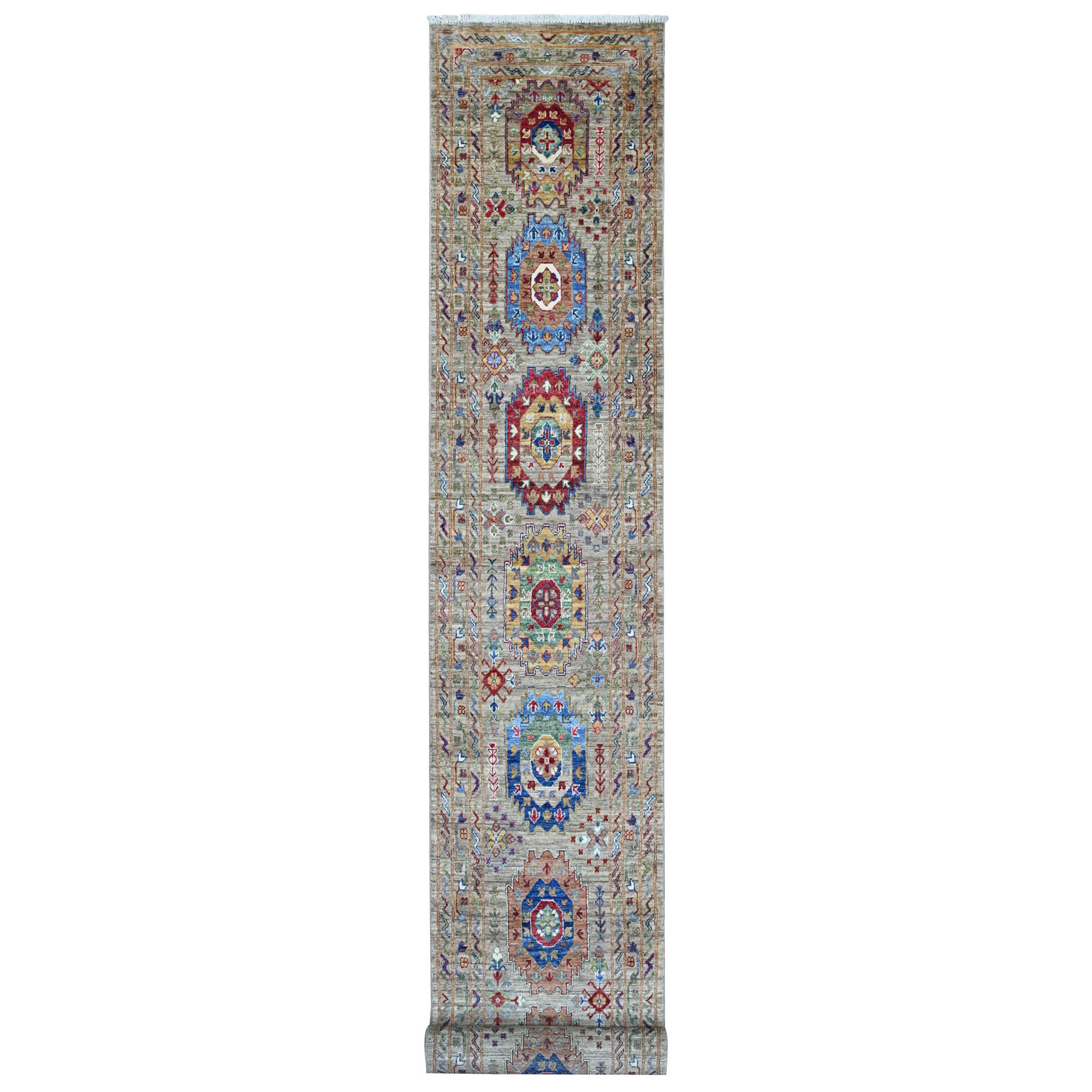 2'5"x20' Fossil Gray, Afghan Super Kazak with Geometric Tribal Ersari Elements, Hand Knotted, Pure Wool, Densely Woven, XL Runner, Oriental Rug 
